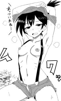 1boy 1girl armpits arms_up ash_ketchum blood blush breasts brock_(pokemon) clothes_lift collarbone cutoffs denim denim_shorts hair_ornament half-closed_eyes lifting_own_clothes looking_at_viewer misty_(pokemon) navel nintendo nipples no_bra nosebleed open_clothes open_fly open_mouth open_shorts pokemon pokemon:_the_electric_tale_of_pikachu pokemon_rgby ribs shiki_syunga shirt shirt_lift short_hair short_shorts shorts side_ponytail simple_background sitting small_breasts solo_focus steaming_body stomach suspender_shorts suspenders sweat topless unbuttoned undressing unzipped white_background