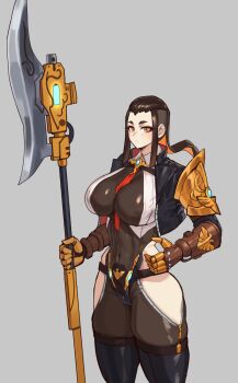 1girl adeptus_custodes armor belt between_breasts black_bodysuit black_hair black_jacket bodysuit breasts clothing_cutout commentary cowboy_shot english_commentary gauntlets genderswap genderswap_(mtf) grey_background highres hip_vent holding holding_polearm holding_weapon huge_weapon jacket large_breasts looking_at_viewer necktie orange_eyes podobrick polearm red_necktie shoulder_armor sidelocks undercut unworn_headwear valdor warhammer_40k weapon zipper