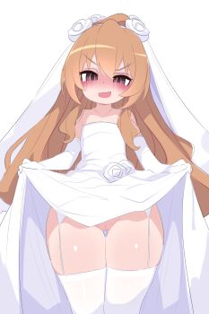 1girl aisaka_taiga bare_shoulders blush bridal_veil bride brown_eyes brown_hair cleft_of_venus clothes_lift collarbone cowboy_shot dress dress_lift elbow_gloves fang flat_chest flower garter_belt garter_straps gloves gluteal_fold hair_between_eyes hair_ornament kukuchi581 kyojiri_loli lifting_own_clothes loli long_hair looking_at_viewer no_panties nose_blush open_mouth pussy rose simple_background skindentation smile solo standing strapless strapless_dress thick_thighs thigh_gap thighhighs thighs toradora! uncensored v-shaped_eyebrows veil very_long_hair wedding_dress white_background white_dress white_flower white_gloves white_rose white_thighhighs wide_hips