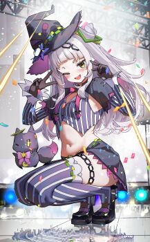 1girl absurdres arched_bangs black_capelet blush breasts capelet commentary_request confetti double_v full_body gloves grey_hair hair_bun hair_ornament hands_up haruhina_purple hat highres hololive layered_capelet long_hair long_sleeves looking_at_viewer murasaki_shion murasaki_shion_(1st_costume) navel open_mouth purple_capelet shirt side_up_bun single_side_bun skirt smile solo squatting striped_clothes striped_shirt v vertical-striped_clothes vertical-striped_shirt virtual_youtuber witch_hat yellow_eyes