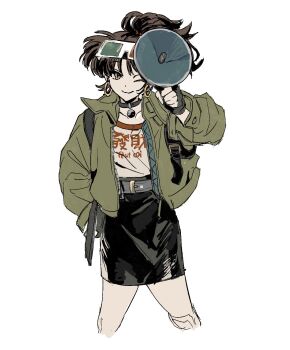 1girl 3d_glasses ;3 an-an_lee black_hair black_skirt clothes_writing cowboy_shot crossed_legs eyewear_on_head fingerless_gloves gloves green_jacket hand_up highres holding holding_megaphone jacket looking_at_viewer magu_(maguro1999aka) medium_hair megaphone miniskirt one_eye_closed pencil_skirt reverse:1999 shirt skirt solo white_background white_shirt yellow_eyes