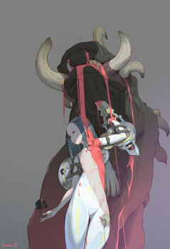 1girl artist_logo behind_another blood bodysuit bug creature fantasy floating fly grey_background grey_hair highres insect leotard letme logo long_hair monster navel nipples original pale_skin pig shield shield_module skin_tight strap sword tusks weapon