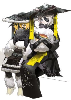 Rule 34 | 2girls, black bandages, black dress, black gloves, black hat, black scarf, blonde hair, blue eyes, boots, don quixote (project moon), dress, faust (project moon), fur-trimmed boots, fur-trimmed headwear, fur trim, gloves, hand wraps, hat, heishou pack-mao branch (identity) (project moon), heishou pack-wei branch (identity) (project moon), highres, horns, hoyeonbns, limbus company, multiple girls, project moon, scarf, sheep horns, short hair, white hair, yellow eyes