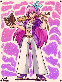Rule 34 | 1girl, :<, artist name, aubrey (faraway) (omori), aubrey (omori), baseball bat, belt, blue eyes, blue hairband, book, brown belt, character request, closed mouth, collarbone, commentary, commission, copyright request, english commentary, hairband, high heels, highres, holding, holding baseball bat, holding book, long hair, looking at viewer, marodraws, nail (hardware), nail bat, omori, open clothes, open shirt, pants, pink hair, purple shirt, purple shoes, shirt, shoes, short sleeves, sidelocks, solo, very long hair, white pants