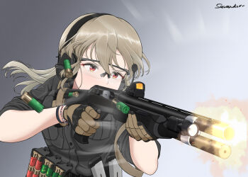1girl absurdres ammunition benelli_m1 blonde_hair casing_ejection ear_protection eotech firing flashlight gun highres holding holding_gun holding_weapon long_hair muzzle_flash original red_eyes safety_glasses savankov shell_casing shotgun shotgun_shell signature sleeves_rolled_up solo upper_body weapon