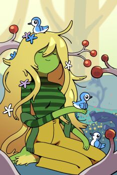 1girl adventure_time adventure_time:_fionna_and_cake bird blonde_hair colored_skin commentary cosplay discount-supervillain english_commentary fennel_(fionna_and_cake) fern_(adventure_time) fern_(adventure_time)_(cosplay) flower genderswap genderswap_(mtf) green_skin hair_flower hair_ornament high-waist_pants highres long_hair long_sleeves pants shirt smile striped_clothes striped_shirt toon_(style) tree very_long_hair