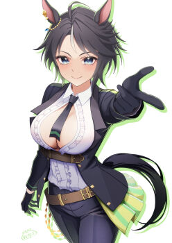 Rule 34 | 1girl, absurdres, ahoge, animal ears, belt, black gloves, black hair, black jacket, black necktie, black pants, blue eyes, blush, breasts, brown belt, center frills, center opening, cleavage, closed mouth, collared shirt, commentary request, ear ornament, ear piercing, frilled shirt, frills, fuji kiseki (shooting star revue) (umamusume), fuji kiseki (umamusume), gloves, green outline, hair between eyes, highres, horse ears, horse girl, horse tail, inukai nagisa, jacket, large breasts, long sleeves, looking at viewer, multicolored hair, necktie, no bra, open clothes, open jacket, outline, outstretched arm, pants, partially unbuttoned, piercing, shirt, short hair, simple background, smile, solo, tail, umamusume, white background, white hair, white shirt