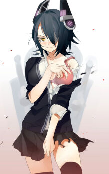 1girl black_cardigan black_hair black_skirt black_thighhighs blush bra breasts cardigan closed_mouth collared_shirt commentary_request eyepatch hair_between_eyes headgear highres kantai_collection large_breasts looking_at_viewer onbr pleated_skirt red_bra shirt short_hair skirt solo tenryuu_(kancolle) thighhighs torn_clothes torn_skirt underwear white_shirt yellow_eyes