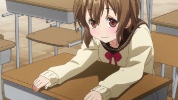 10s 1girl 2011 animated animated_gif anime_screenshot ass bent_over blush bow brown_eyes brown_hair cardigan classroom denpa_onna_to_seishun_otoko desk fang female_focus flat_chest maroon_eyes mifune_ryuuko on_desk open_mouth pleated_skirt red_bow school school_desk school_uniform short_hair sitting skirt solo tagme