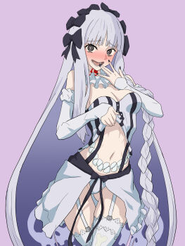 1girl absurdres bare_shoulders black_bow black_eyes blush bow braid breasts cleavage clothes_lift collar colored_inner_hair commentary_request detached_sleeves dress fate/strange_fake fate_(series) francesca_prelati_(fate) frilled_collar frills garter_straps grey_hair hair_bow heart heart-shaped_pupils highres hizumi_ms long_hair looking_at_viewer medium_breasts multicolored_hair navel open_mouth panties parted_bangs ringed_eyes sidelocks skull_print smile solo stomach_mouth striped_clothes striped_dress symbol-shaped_pupils teeth thighhighs thighs underwear very_long_hair white_dress white_hair white_panties white_thighhighs