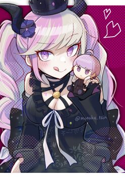 1girl absurdres ahoge black_dress black_flower black_gloves black_horns black_nails black_sleeves blush braid breasts character_doll cleavage commentary_request criss-cross_halter crown detached_sleeves doll dress fingerless_gloves floral_print flower frilled_dress frills gloves hair_flower hair_ornament hair_ribbon halterneck heart highres holding holding_doll horns large_breasts long_hair looking_at_viewer master_detective_archives:_rain_code monaka_(monaka_alola) multicolored_hair nail_polish pink_eyes pink_hair purple_eyes purple_hair ribbon shinigami_(rain_code) short_hair smile solo stuffed_toy tongue tongue_out twin_braids twitter_username two-tone_hair very_long_hair white_hair white_ribbon yuma_kokohead