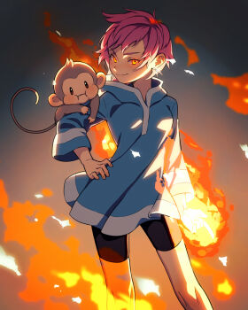 1girl :i animal animal_on_shoulder bike_shorts blue_dress commentary_request dress earrings fire hand_on_own_hip hood hood_down hooded_dress jewelry kumatora long_sleeves looking_at_viewer monkey mother_(series) mother_3 nintendo pink_hair salsa_(mother) shifumame short_hair shorts simple_background smile sparkle