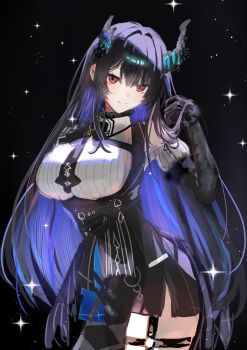 1girl asymmetrical_horns bare_shoulders black_hair blue_hair blush breasts clothing_cutout colored_inner_hair demon_horns feather-trimmed_jacket flower gloves hair_ornament highres hololive hololive_english horn_flower horns large_breasts long_hair looking_at_viewer mole mole_under_eye multicolored_hair nerissa_ravencroft nerissa_ravencroft_(1st_costume) red_eyes ribbed_shirt rikako0229 shirt shoulder_cutout smile solo tassel tassel_hair_ornament two-tone_hair uneven_horns very_long_hair virtual_youtuber