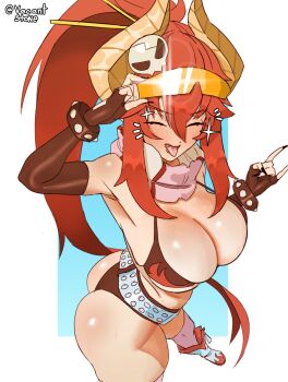 1girl \n/ adjusting_eyewear artist_name ass belt bikini bikini_top_only black_bikini black_gloves black_nails black_shorts breasts cleavage closed_eyes commentary dragon_girl dragon_horns elbow_gloves english_commentary facing_viewer fang fingernails full_body gloves hair_between_eyes hair_ornament hairclip high_ponytail highres horns indie_virtual_youtuber large_breasts long_fingernails long_hair micro_shorts open_mouth ponytail red_hair scarf sharp_fingernails shoes shorts simple_background skull solo sparkle standing swimsuit tengen_toppa_gurren_lagann thick_thighs thighs tongue tongue_out untranslatable_commentary vacantstone virtual_youtuber white_background white_belt white_shoes yoko_littner zentreya zentreya_(dragon)