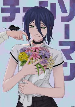 2girls absurdres animal animal_on_hand black_shorts blue_hair bouquet chainsaw_man closed_mouth flower green_eyes hair_between_eyes highres holding holding_bouquet kizuru09 looking_at_viewer makima_(chainsaw_man) mouse_(animal) mouse_on_hand multiple_girls pink_flower purple_flower reze_(chainsaw_man) shirt shirt_tucked_in shorts smile solo_focus white_shirt yellow_flower