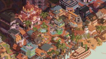 Rule 34 | absurdly detailed composition, aircraft, architecture, arena, block (minecraft), boat, building, commentary, dirigible, dock, english commentary, from above, highres, in-universe location, isometric, kt (swiftlyswan), mc championship, mcc island, minecraft, minecraft youtube, no humans, official style, palm tree, tree, water, watercraft