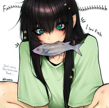 1girl blush commentary english_commentary english_text fish fish_in_mouth green_eyes green_shirt hair_between_eyes hair_ornament heart highres long_hair looking_down mouth_hold original pointy_ears shirt short_sleeves simple_background solo star_(symbol) star_hair_ornament teyoid water_drop white_background