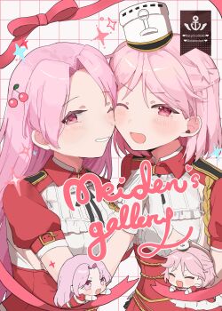 2girls blush cherry chibi closed_eyes food fruit giuseppe_garibaldi_(kancolle) gloves hair_between_eyes hat highres kantai_collection long_hair looking_at_viewer luigi_di_savoia_duca_degli_abruzzi_(kancolle) multiple_girls one_eye_closed open_mouth pink_eyes pink_hair red_eyes shamomo short_hair short_sleeves sparkle white_gloves white_headwear