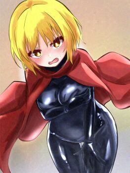 1girl akatsuki_records ayu_yutyaso black_bodysuit blonde_hair blush bodysuit breasts cloak commentary_request covering_breasts covering_privates gradient_background highres large_breasts latex latex_bodysuit long_sleeves looking_at_viewer lunasa_prismriver open_mouth rock_&#039;n&#039;_rock_&#039;n&#039;_beat short_hair solo touhou yellow_eyes