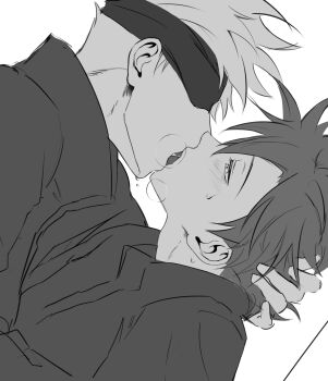 Rule 34 | 2boys, blindfold, blush, commentary request, french kiss, from side, fushiguro megumi, gojou satoru, greyscale, highres, jujutsu kaisen, jujutsu tech uniform, kiss, korean commentary, male focus, monochrome, multiple boys, puff of air, sagu (9133t), short hair, simple background, sweat, teacher and student, white background, yaoi