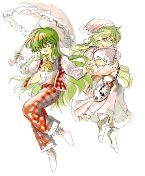 Rule 34 | 2girls, 6osquet, ascot, closed mouth, collared shirt, dot nose, dress, dual persona, expressionless, fingernails, floating, frilled sleeves, frilled umbrella, frills, full body, green eyes, green hair, hair between eyes, hair over one eye, happy, hat, highres, holding, holding pillow, holding umbrella, hugging object, kazami yuuka, kazami yuuka (pc-98), long dress, long hair, long sleeves, looking at viewer, lotus land story, multiple girls, nightcap, nightgown, open clothes, open mouth, open vest, outstretched arms, oversized object, pants, parasol, pillow, pink dress, pink hat, plaid clothes, plaid pants, plaid vest, pleated dress, pocket watch, puffy long sleeves, puffy sleeves, red pants, red vest, shirt, simple background, smile, socks, touhou, touhou (pc-98), umbrella, very long hair, vest, watch, white background, white shirt, white socks, white umbrella, yellow ascot