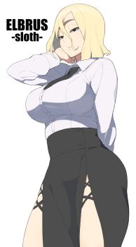 1girl accio black_eyes blonde_hair breasts elbrus_(accho) female_focus huge_breasts necktie original seven_deadly_sins short_hair side_slit simple_background skirt sloth_(deadly_sins) solo standing thick_eyebrows thick_thighs thighs white_background