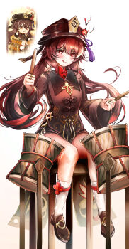 1girl :q black_coat black_hat brown_hair brown_shoes chehg chibi chibi_inset coat commentary_request drumsticks flower-shaped_pupils genshin_impact hat highres holding holding_drumsticks hu_tao_(genshin_impact) long_hair long_sleeves playing_drum red_eyes reference_inset shoes sitting socks symbol-shaped_pupils tongue tongue_out twintails white_background white_socks