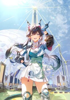 Rule 34 | 1girl, absurdres, arknights, arknights: endfield, arm up, black hair, boots, chen qianyu (arknights), commentary, cowboy shot, day, dragon girl, dragon horns, dragon tail, dress, english commentary, floating hair, gloves, hand on own hip, highres, horns, jacket, jelmul, long hair, long sleeves, looking at viewer, one eye closed, open mouth, outdoors, planet, solo, tail, teeth, thigh boots, twitter username, upper teeth only, very long hair, white dress