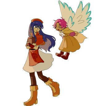 2girls antenna_hair artist_name blue_eyes blue_hair book boots brown_boots cape capelet child closed_eyes closed_mouth commentary crossed_arms dress english_commentary fae_(fire_emblem) feathered_wings fire_emblem fire_emblem:_the_binding_blade flying full_body gloves hat highres holding holding_book lilina_(fire_emblem) long_hair looking_at_another medium_dress multiple_girls nintendo open_mouth pantyhose pink_hair red_capelet red_hat royfan3000 short_hair simple_background smile standing standing_on_one_leg watermark white_background wings