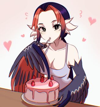 1girl absurdres animal_ears bare_shoulders bird_ears black_eyes black_feathers black_hair black_wings breasts bright_pupils cake claws cleavage commentary eating english_commentary feathered_wings feathers food fruit harpy heart highres medium_breasts monster_girl multicolored_hair orange_feathers orange_hair original solo strawberry table tank_top two-tone_hair two-tone_wings unreal_fish white_pupils white_tank_top winged_arms wings