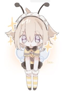 1girl :o alternate_costume antennae bee_wings black_skirt blonde_hair deformed grey_eyes grey_shirt hair_between_eyes hair_flaps insect_wings kneehighs looking_at_viewer maid_headdress marie_brag77854 miniskirt oekaki shirt sidelocks skirt socks solo sparkle striped_clothes striped_shirt striped_socks urotsuki white_socks wings yellow_shirt yellow_socks yume_2kki