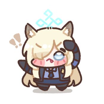! !! 1girl animal_ear_fluff animal_ears arm_up armband blonde_hair blue_archive blue_armband blue_eyes blue_halo blue_necktie blue_shirt blue_skirt blush_stickers bugi_33 chibi closed_mouth collared_shirt commentary_request dog_ears dog_girl fang full_body hair_over_one_eye halo hand_up hashtag-only_commentary kanna_(blue_archive) long_hair long_sleeves looking_at_viewer necktie police police_uniform policewoman shadow shirt simple_background skirt solo standing white_background