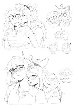 2girls animal_ears blush collared_shirt commentary dog_ears dog_girl english_text glasses gmeg011 greyscale highres koishikawa_iko licking licking_another&#039;s_neck long_hair momijiyama_teru monochrome multiple_girls multiple_views one_eye_closed shirt shy_(series) striped_clothes striped_shirt sweat symbol-only_commentary teeth yuri