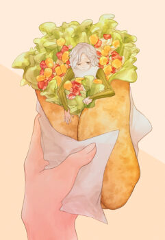 1boy closed_mouth commentary_request corn doner_wrap dungeon_meshi fingernails food_focus frown green_hair grey_hair male_focus mini_person miniboy mithrun qiaanrii short_hair simple_background solo_focus