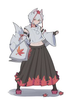 1girl :o absurdres animal_ear_fluff animal_ears black_bridal_gauntlets black_skirt black_socks black_tank_top bridal_gauntlets commentary crop_top crossed_bangs detached_sleeves double-parted_bangs geta grimlisp hair_between_eyes hat highres holding holding_shield holding_sword holding_weapon inubashiri_momiji leaf leaf_print long_skirt long_sleeves maple_leaf maple_leaf_print navel parted_lips pleated_skirt red_eyes red_hat red_ribbon red_shoes red_skirt ribbon ribbon-trimmed_sleeves ribbon_trim sarashi shield shirt shoes short_hair simple_background skirt socks solo sword tail tank_top tengu-geta tokin_hat touhou two-tone_skirt v-shaped_eyebrows weapon white_background white_hair white_shirt wide_sleeves wolf_ears wolf_girl wolf_tail