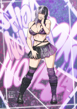 1girl abs absurdres alternate_costume alternate_muscle_size black_hair boots breasts cirenk cleavage full_body grey_hair hair_ornament highres hololive hololive_english large_breasts lips looking_at_viewer multicolored_hair muscular muscular_female navel obliques open_mouth second-party_source shiori_novella simple_background smile solo split-color_hair standing thighs toned two-tone_hair virtual_youtuber wrestler wrestling_outfit yellow_eyes