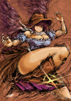 1girl 2b-ge black_hair black_wings boots breasts brown_background brown_boots brown_eyes chinese_commentary cowboy_boots cowboy_hat dress dynamic_pose feathered_wings hat highres horse_tail kurokoma_saki large_breasts off-shoulder_dress off_shoulder one-hour_drawing_challenge outstretched_arms scarf smirk smug solo tail thighs touhou white_scarf wings