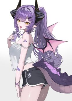 1girl absurdres arm_tattoo artist_name bandaid bandaid_on_arm bare_shoulders black_shorts breasts cellphone commentary crescent crescent_hair_ornament crop_top crop_top_overhang dolphin_shorts dragon_girl dragon_horns dragon_tail dragon_wings facial_mark fangs from_side hair_intakes hair_ornament hairclip hand_up head_tilt heart heart_facial_mark highres holding holding_phone horns kkato large_breasts long_hair looking_at_viewer open_mouth parallel_hairclips phone pointy_ears ponytail purple_hair sakihane_huya see-through_silhouette shirt short_shorts shorts sidelocks simple_background slit_pupils smartphone smile solo standing star_(symbol) star_hair_ornament stellive strap_slip symbol-only_commentary tail tattoo thighs very_long_hair virtual_youtuber white_background wings wristband yellow_eyes