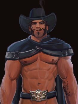 1boy abs arm_hair arm_tattoo belt belt_buckle black_hair black_poncho blackwatch_cassidy buckle cassidy_(overwatch) cigarette cowboy_hat dark_background facial_hair goatee hat highres iblokes male_focus muscular muscular_male mutton_chops navel nipples non-web_source nude overwatch overwatch_1 pectorals poncho sideburns simple_background smoking soul_patch tattoo
