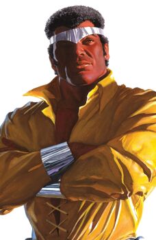 1boy absurdres alex_ross black_hair brown_eyes comic_cover cover cover_page crossed_arms dark-skinned_male dark_skin forehead_protector highres looking_at_viewer luke_cage male_focus marvel muscular muscular_male official_art realistic shirt sideburns solo western_comics_(style) white_background yellow_shirt