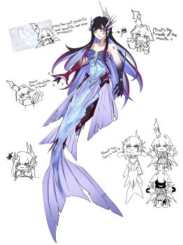 2girls absurdres bare_shoulders black_hair black_tail blue_eyes blue_hair blue_scales blunt_bangs bone cerydra_(honkai:_star_rail) chibi collarbone colored_extremities colored_inner_hair commentary crown english_commentary english_text fangs fins full_body gradient_hair head_fins head_ornament highres honkai:_star_rail honkai_(series) hysilens_(honkai:_star_rail) long_hair long_sidelocks long_tongue looking_at_viewer merfolk mermaid mini_crown monster_girl multicolored_hair multiple_girls multiple_views organic_bra purple_hair scales screenshot_inset sharp_teeth sidelocks simple_background sketch smile solo_focus speech_bubble teeth tongue two-tone_hair two-tone_tail very_long_sidelocks vire_(v1re) webbed_hands white_background wings