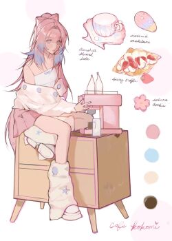1girl alternate_costume bare_shoulders blue_eyes blue_hair blue_ribbon bow-shaped_hair camisole cherry_blossoms chest_of_drawers color_guide cookie cup flower-shaped_food food fruit genshin_impact highres leg_warmers light_frown long_hair looking_at_viewer miniskirt multicolored_hair oversized_clothes oversized_shirt pink_hair pink_skirt platform_shoes ribbon sangonomiya_kokomi sea_stars seashell shell shirt skirt strawberry sumi_(suumiko_) sweets teacup white_background white_camisole