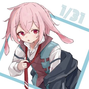 Rule 34 | 1boy, absurdres, adjusting clothes, adjusting necktie, animal ears, ansel (arknights), arknights, black jacket, brown vest, commentary request, floppy ears, hair between eyes, highres, jacket, long sleeves, looking at viewer, loose necktie, lop rabbit ears, male focus, necktie, off shoulder, open mouth, pink hair, rabbit boy, rabbit ears, red eyes, riu kawano, shirt, short hair, solo, trap, upper body, vest, white shirt