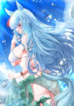 Rule 34 | 1girl, absurdres, animal ears, ass, bikini, blue hair, blue sky, blush, bow, braid, breasts, commentary request, crown braid, ear ornament, ear ribbon, green sarong, highres, horse ears, horse girl, horse tail, kentan (kingtaiki), large breasts, long hair, mejiro ardan (umamusume), ocean, outdoors, parted lips, purple eyes, sarong, sideboob, sky, smile, solo, swimsuit, tail, umamusume, water, white bikini