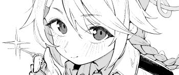 blue_archive blush braid closed_mouth collar commentary_request gloves greyscale hair_between_eyes halo hanakonenne highres holding holding_key key kirino_(blue_archive) looking_at_viewer monochrome portrait sidelocks simple_background