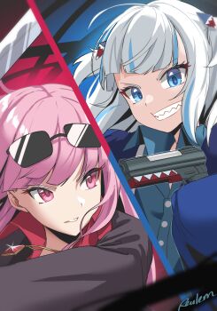 2girls ahoge artist_name black_jacket blue_eyes blue_hair blue_jacket blue_shirt collared_shirt eyewear_on_head faceoff floating_hair gawr_gura grin gun hair_ornament handgun highres holding holding_gun holding_weapon hololive hololive_english jacket long_hair medium_hair mori_calliope multicolored_hair multiple_girls pink_eyes pink_hair pistol q_(hololive) red_shirt reulem shark_hair_ornament sharp_teeth shirt smile split_screen streaked_hair sunglasses sword teeth upper_body virtual_youtuber weapon white_hair