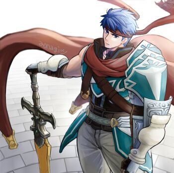 1boy aonagimay armor blue_eyes blue_hair cape fingerless_gloves fire_emblem fire_emblem:_radiant_dawn fire_emblem_heroes gloves headband highres holding holding_sword holding_weapon ike_(fire_emblem) ike_(vanguard_legend)_(fire_emblem) looking_at_viewer male_focus nintendo official_alternate_costume pauldrons ragnell red_cape red_headband shoulder_armor single_pauldron solo sword weapon