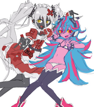 2girls absurdres apron bikini black_pantyhose black_skin black_thighhighs blue_hair bracelet colored_sclera colored_skin commentary_request crossover double_v dress flat_chest genre_connection hair_ornament headphones highres horns j-core japanese_stream_hardcore jewelry joe_faiko long_hair maid monster_girl multicolored_hair multiple_girls pantyhose petite pink_eyes pink_skin psycho-chan psycho_filth_records red_dress red_hair simple_background sketch spiked_bracelet spikes streaked_hair swimsuit thighhighs twintails v very_long_hair white_apron white_background white_bikini white_hair wusem0108 x_hair_ornament yellow_eyes yellow_sclera