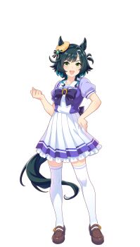 1girl :d animal_ears bow bowtie brown_shoes clenched_hand ears_through_headwear full_body green_eyes green_hair highres horse_ears horse_girl horseshoe_ornament kiseki_(umamusume) loafers looking_at_viewer official_art open_mouth pleated_skirt puffy_short_sleeves puffy_sleeves purple_bow purple_bowtie purple_shirt sailor_collar sailor_shirt school_uniform shirt shoes short_hair short_sleeves simple_background skirt smile solo tachi-e thighhighs tracen_school_uniform transparent_background umamusume white_skirt white_streaks white_thighhighs yellow_beret