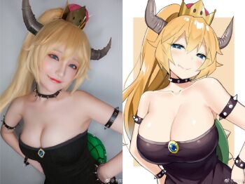 asian bare_shoulders bowsette bowsette_(cosplay) breasts cleavage cosplay crown dress fang hands_on_own_hips highres horns japanese_(nationality) large_breasts lipstick makeup mario_(series) new_super_mario_bros._u_deluxe nintendo photo_(medium) ponytail shell sleeveless sleeveless_dress smile split_screen strapless strapless_dress super_crown